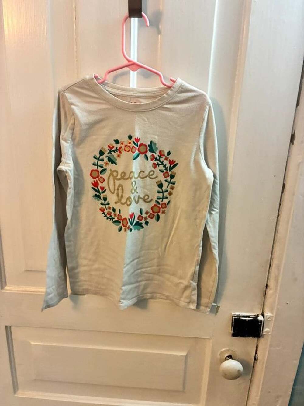 Cat & Jack long sleeve shirt with 'Peace & Love' floral wreath graphic, size M